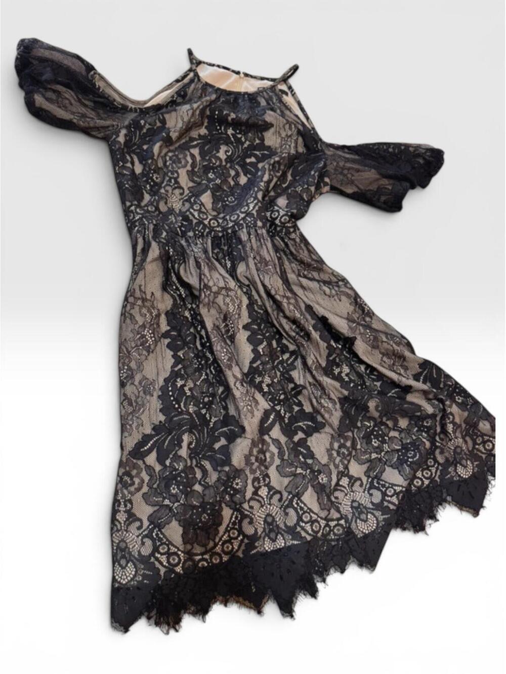 NWT Maggy London Black Nude Lace Cold Shoulder Dress 14 - Picture 3 of 7